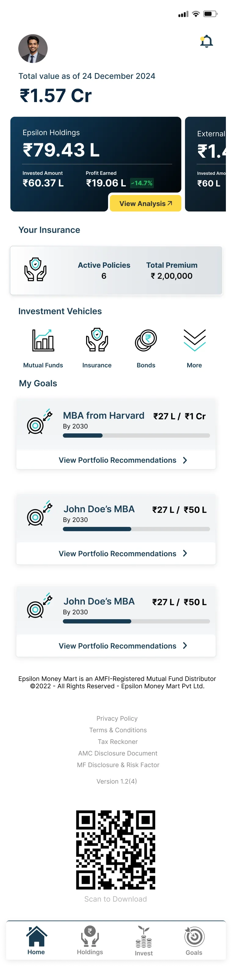 Epsilon Money app home screen: ₹1.57 Cr total value, holdings, insurance, investment vehicles and goals