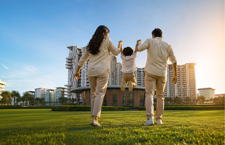 Parent and child playing on a lawn